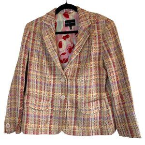 Vtg Rena Lange Women's 14 Multicolor Tweed Blazer Cherry Lining Academia Germany